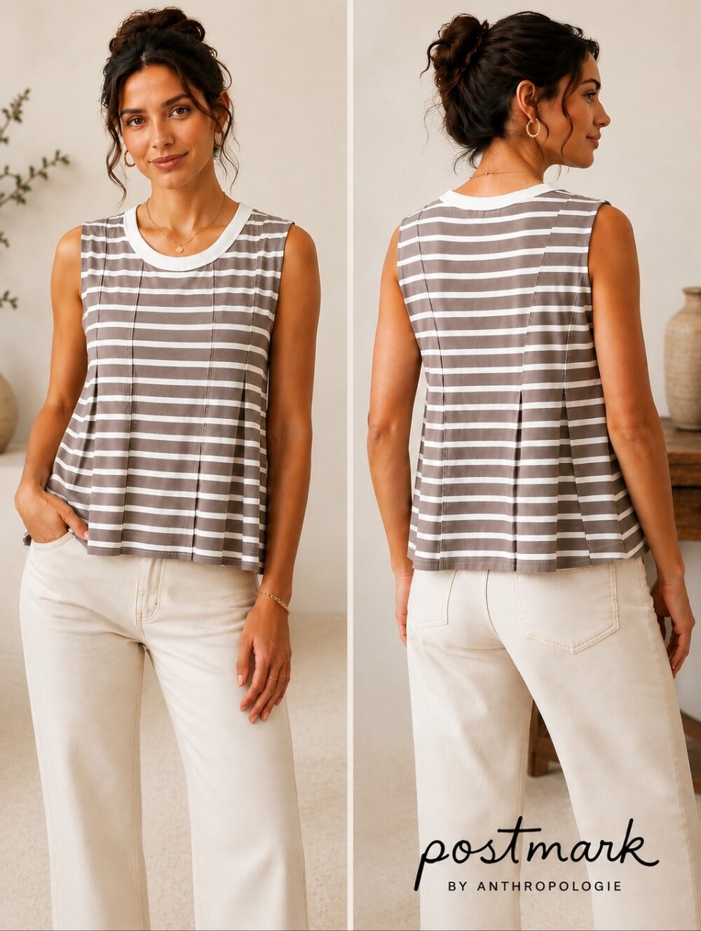 Postmark Anthropologie Striped Sleeveless Swing Tank Top Taupe White Size Medium